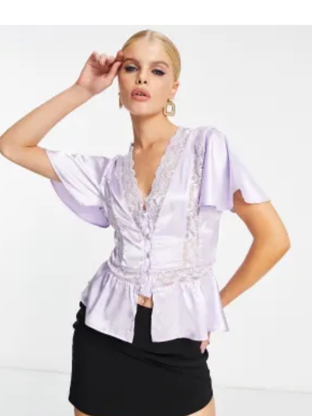 Reclaimed Vintage Lavender Satin Lace-Trim Peplum Blouse